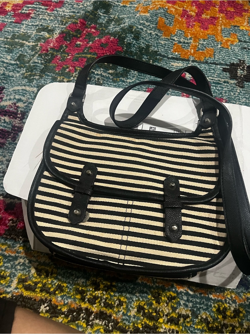 Madden Girl Black and Cream Striped Crossbody Bag
